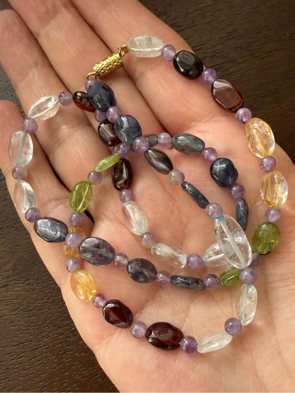 Multi-Gemstone Beaded Gold Tone Clasp Necklace